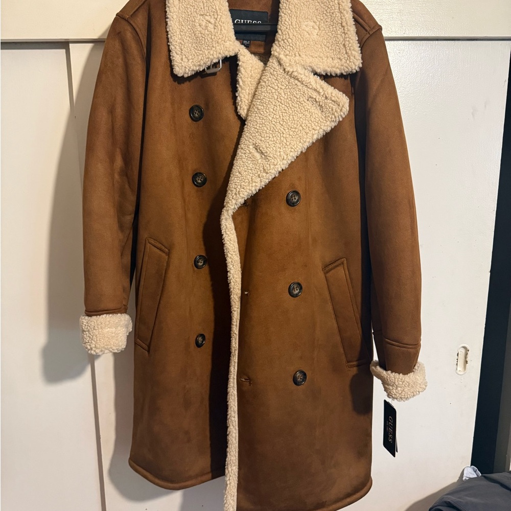 Guess Brown and Cream Shearling Pea Coat
